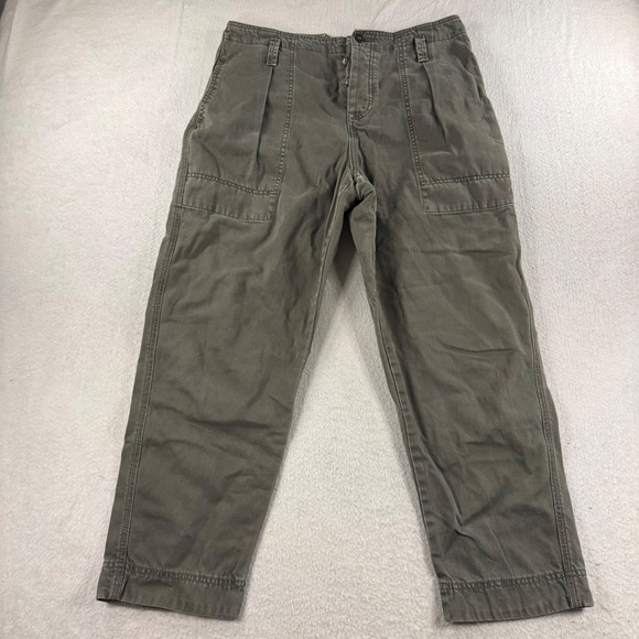 Free People Olive Green Pleated Crop Pants Size 10 Button Front Military Style - Picture 1 of 8